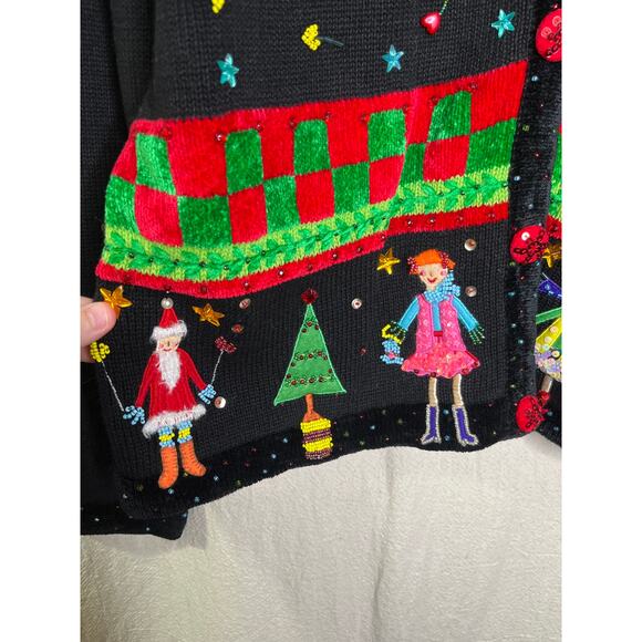 1990s Berek Christmas Chenille Maximalist Santa Whimsical Kidcore Cardigan XL - Picture 5 of 7